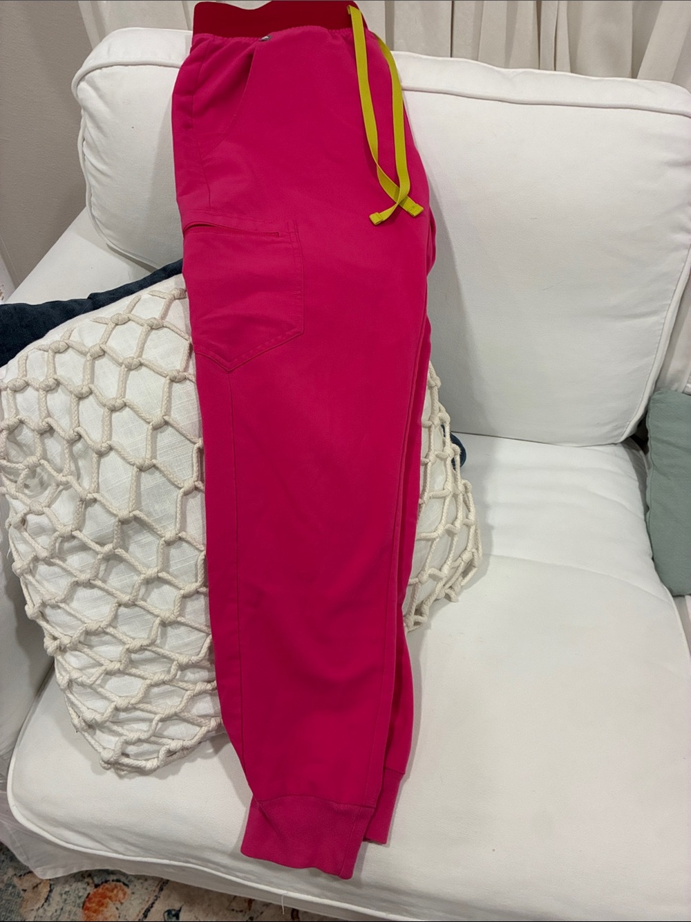 FIGS Bright Pink Scrub Jogger with Lime Drawstring